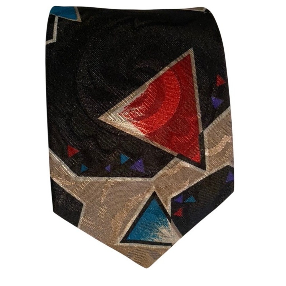 Domani Mens Geometric Abstract Silk Blend Tie Black Red Teal 90s Retro 4 Inch
